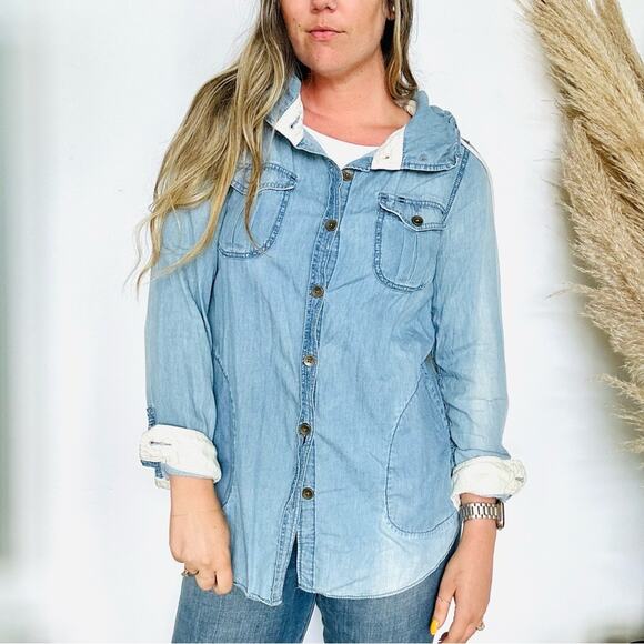 ANTHROPOLOGIE Blue Denim Hood Long Sleeve Button Down Blouse Shirt Shacket Top M - Picture 12 of 13